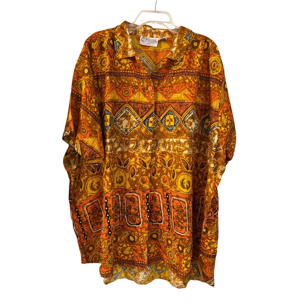 Vtg Nile Queen Plus Women’s Button Down Oversized Shirt Short Sleeve Print OS